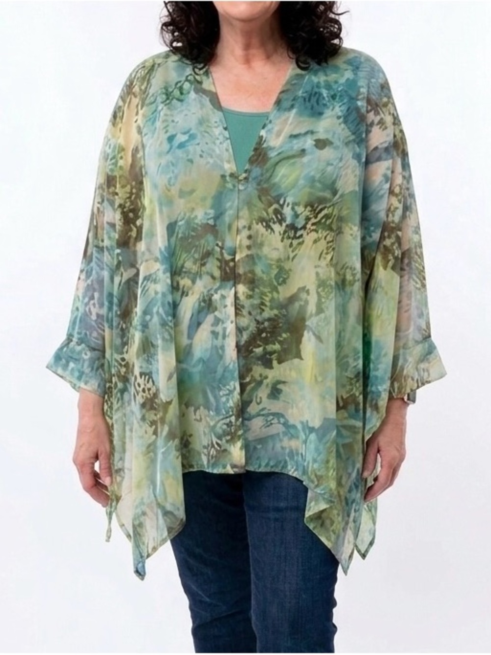 NEW WITH TAG Chico's Teal and Green Sheer Watercolor Tunic or Cover Up